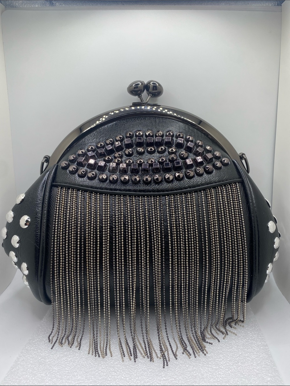 Black Studded Fringe Frame Clutch - Evening Wristlet